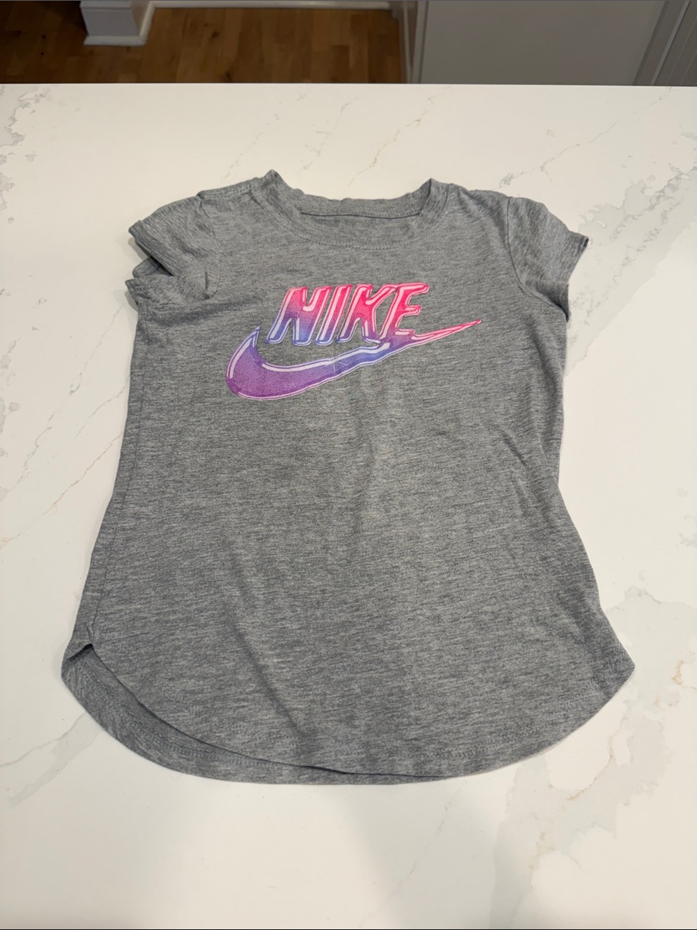 Nike Gray Short-Sleeve Tee with Pink and Purple Gradient Logo